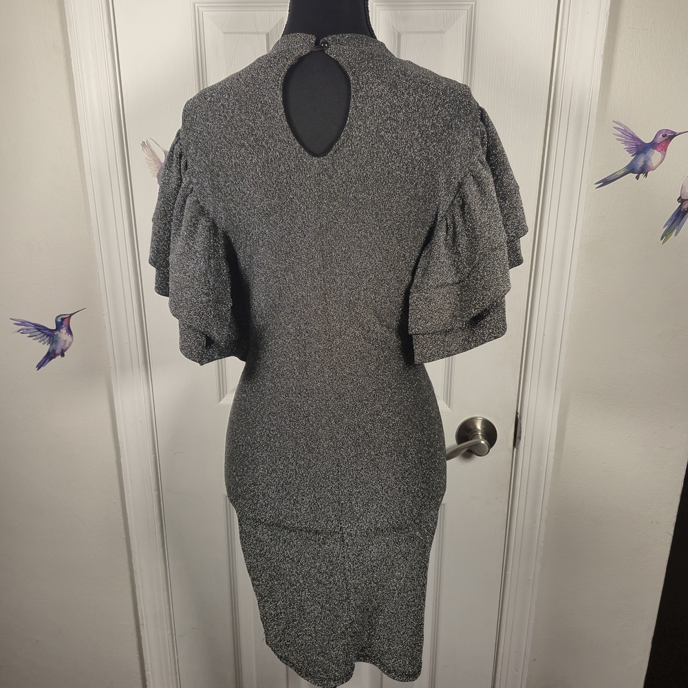 A3 Design Silver Metallic Lurex Tiered Ruffle Sleeve Bodycon Mini Dress Small - Picture 5 of 7